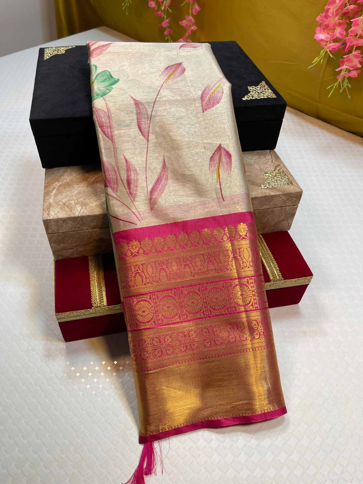 Moosee Tissue Silk Floral Handpainted Jaal Boota Contrast Magenta Border Banarasi Saree MS_MTS8