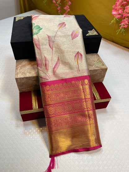 Moosee Tissue Silk Floral Handpainted Jaal Boota Contrast Magenta Border Banarasi Saree MS_MTS8
