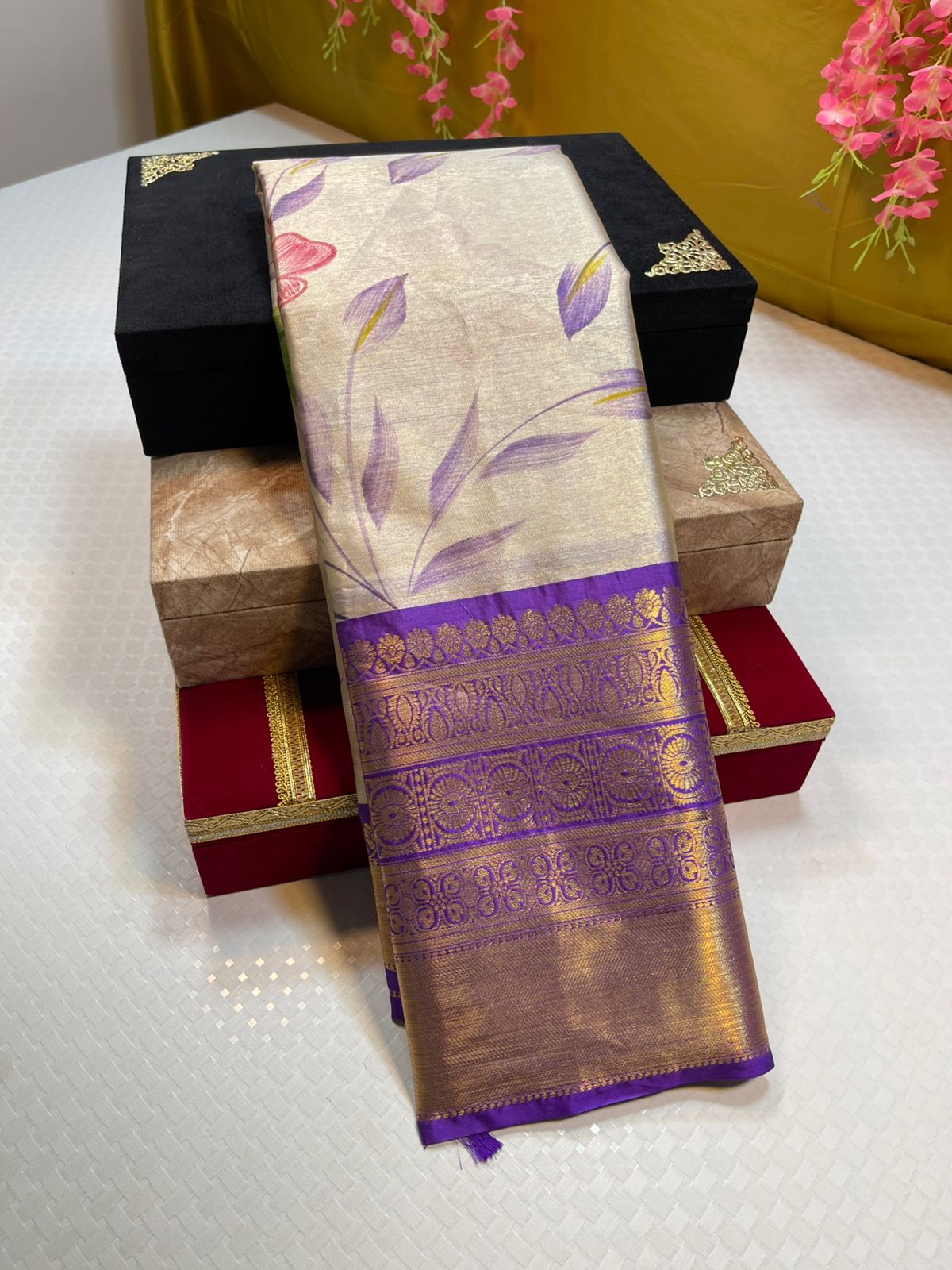 Moosee Tissue Silk Floral Handpainted Jaal Boota Contrast Purple Border Banarasi Saree MS_MTS6