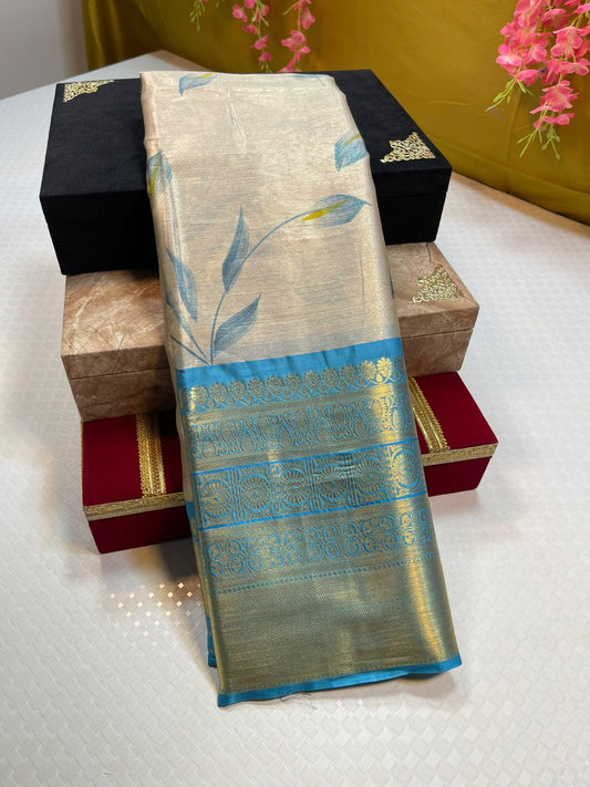 Moosee Tissue Silk Floral Handpainted Jaal Boota Contrast Blue Border Banarasi Saree MS_MTS7