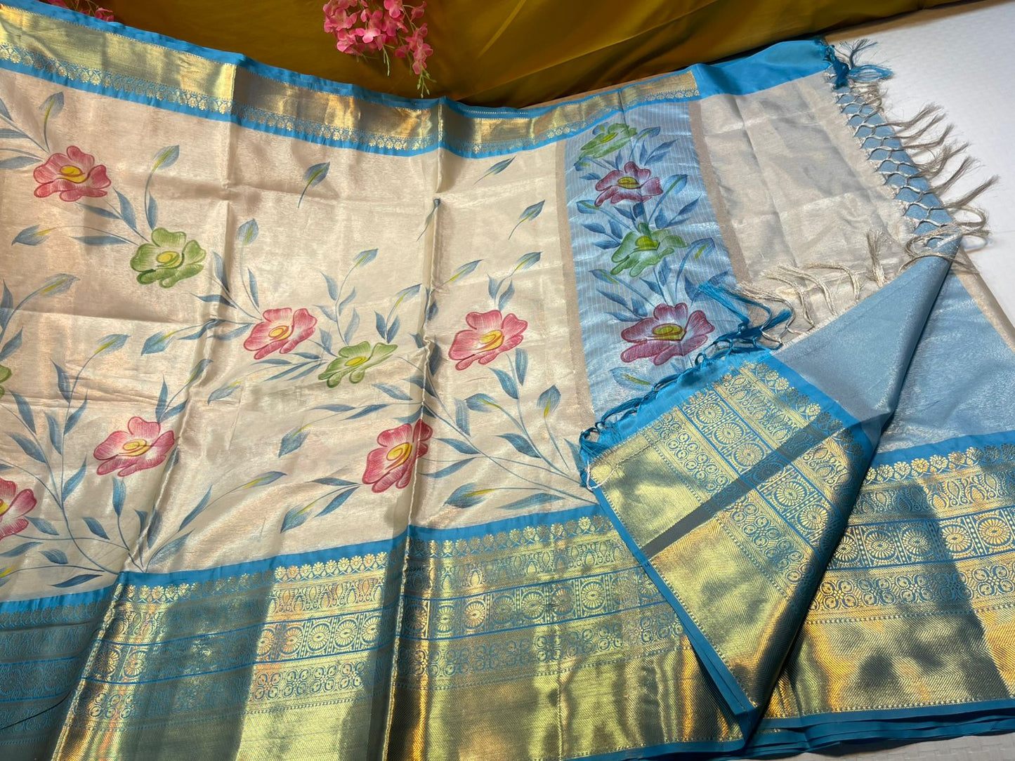 Moosee Tissue Silk Floral Handpainted Jaal Boota Contrast Blue Border Banarasi Saree MS_MTS7