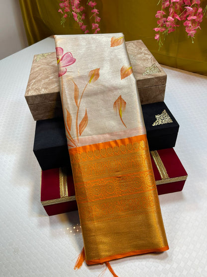 Moosee Tissue Silk Floral Handpainted Jaal Boota Contrast Orange Border Banarasi Saree MS_MTS5