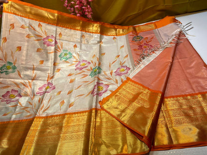 Moosee Tissue Silk Floral Handpainted Jaal Boota Contrast Orange Border Banarasi Saree MS_MTS5