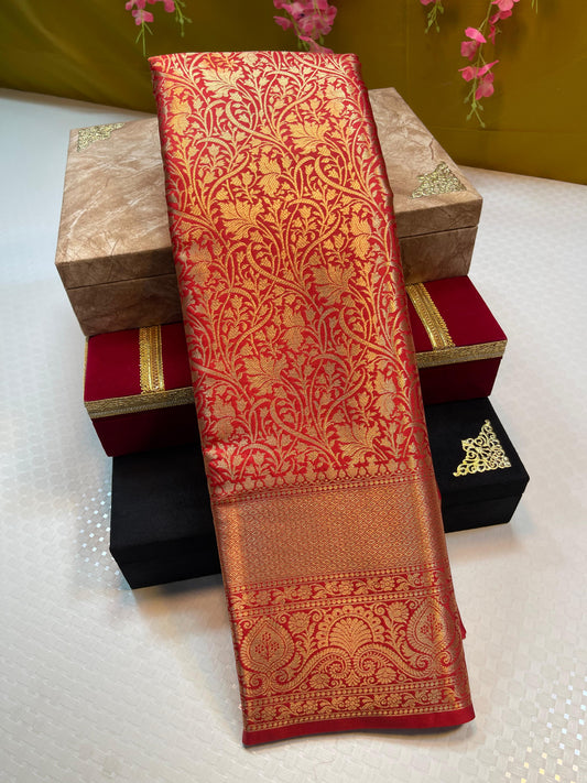 Red Semi Kanchi Silk Floral Zari Jaal Brocade Zari Border Banarasi Saree MS_SK34