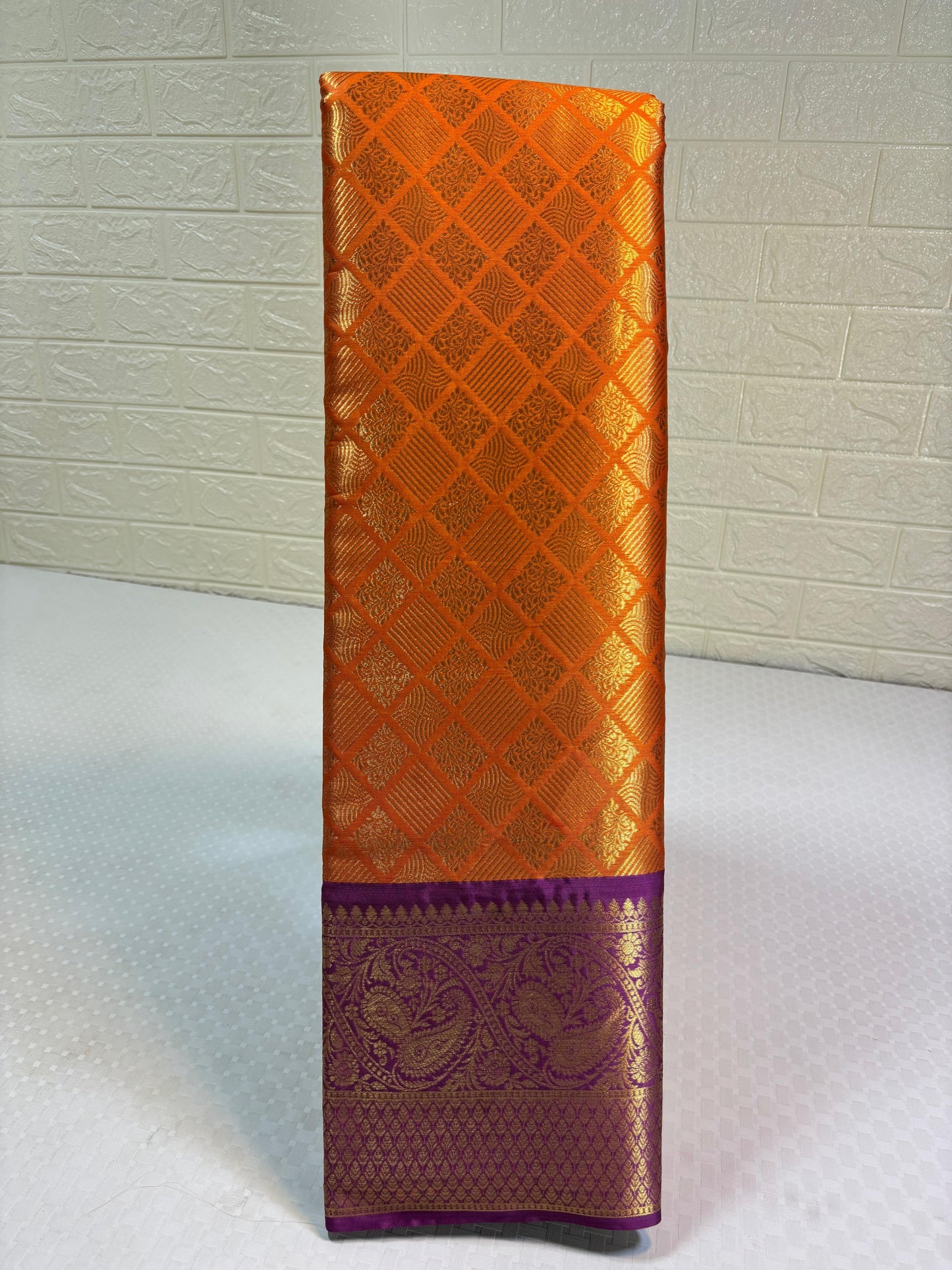 Orange Semi Kanchi Silk Barfi Cut Contrast Blue Zari Border Banarasi Saree MS_SK35