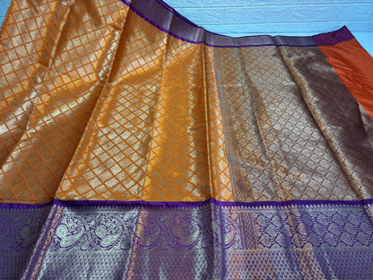 Orange Semi Kanchi Silk Barfi Cut Contrast Blue Zari Border Banarasi Saree MS_SK35