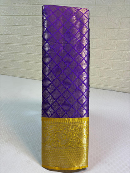 Blue Semi Kanchi Silk Barfi Cut Contrast Yellow Zari Border Banarasi Saree MS_SK36