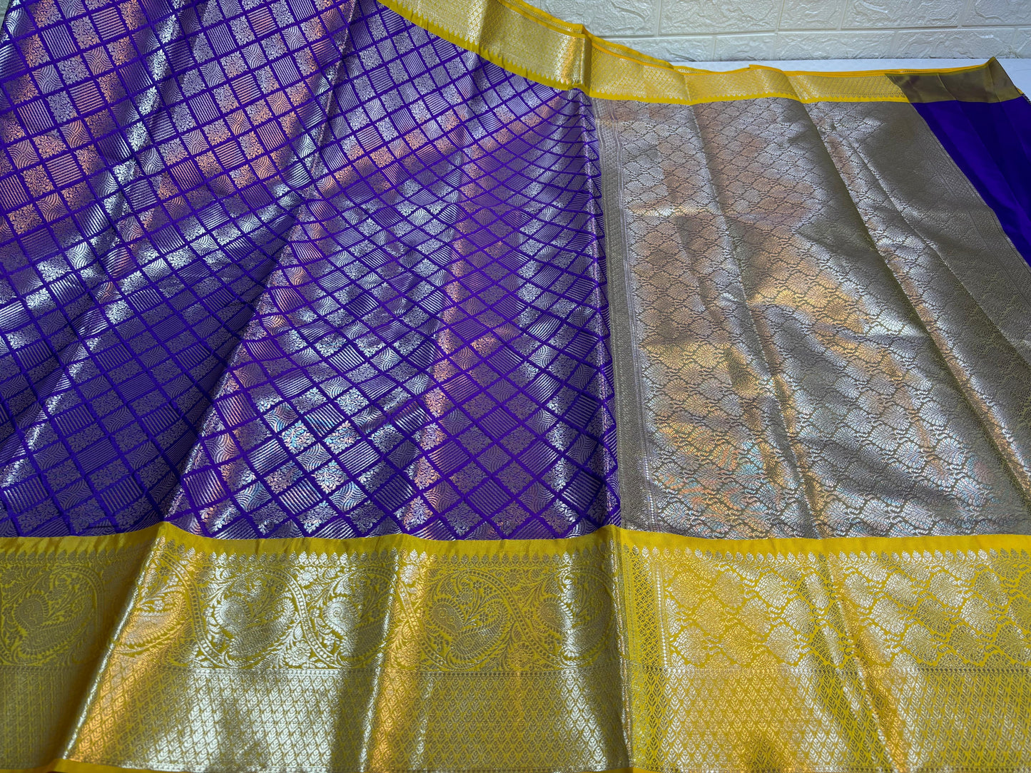 Blue Semi Kanchi Silk Barfi Cut Contrast Yellow Zari Border Banarasi Saree MS_SK36