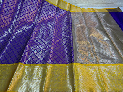 Blue Semi Kanchi Silk Barfi Cut Contrast Yellow Zari Border Banarasi Saree MS_SK36
