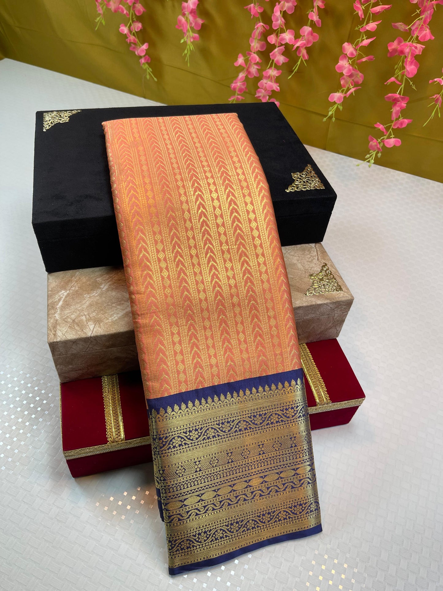 Peach Semi Kanchi Silk Stripe Zari Contrast Navy Blue Zari Border Banarasi Saree MS_SK39