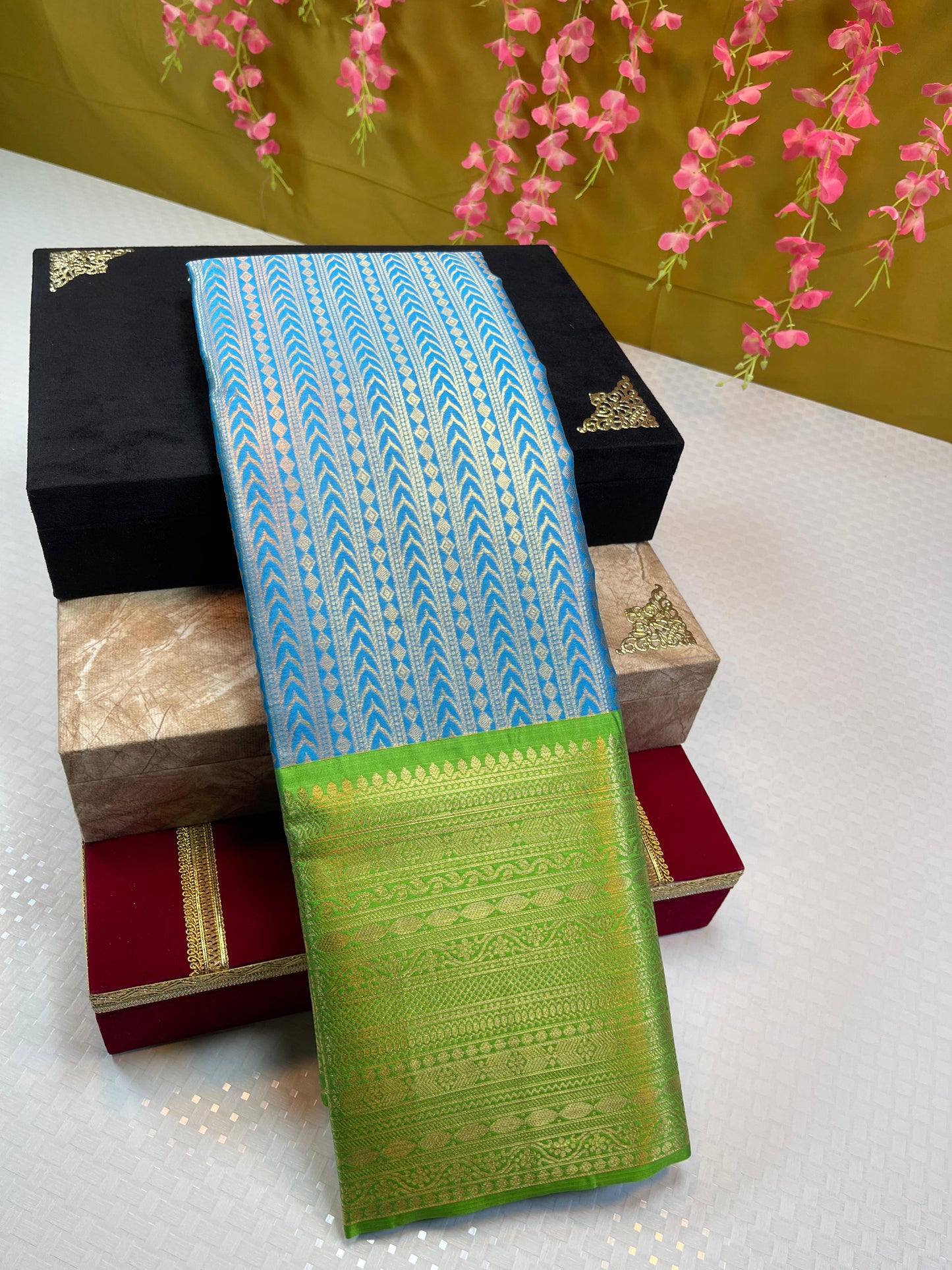 Sky Blue Semi Kanchi Silk Stripe Zari Contrast Green Zari Border Banarasi Saree MS_SK38