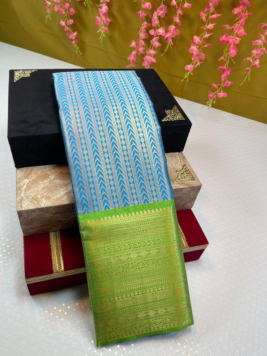 Sky Blue Semi Kanchi Silk Stripe Zari Contrast Green Zari Border Banarasi Saree MS_SK38