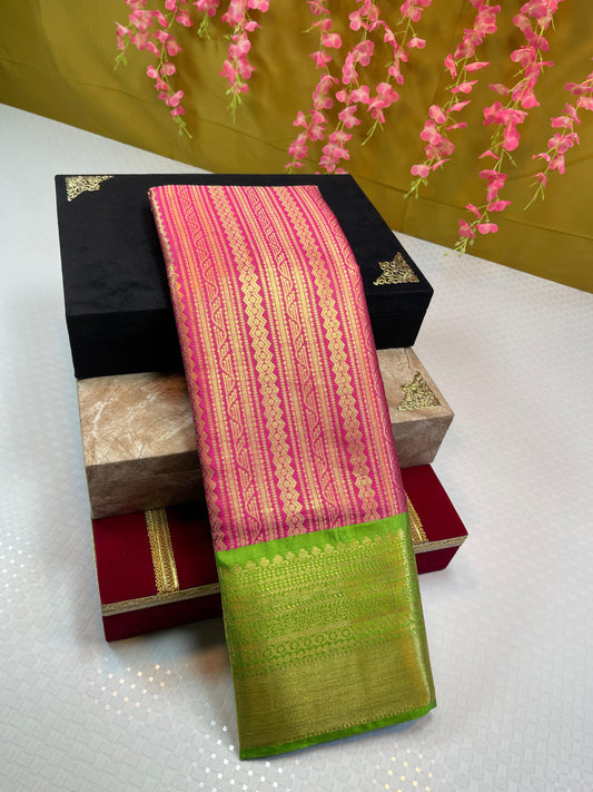 Pink Semi Kanchi Silk Stripe Zari Contrast Green Zari Border Banarasi Saree MS_SK40