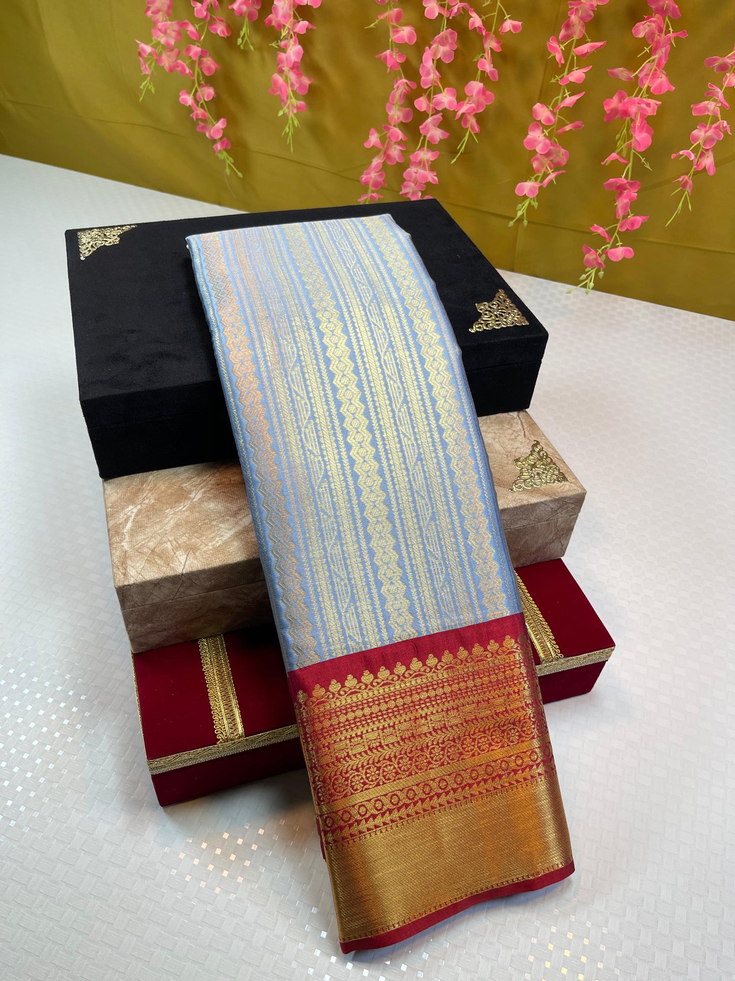 Light Blue Semi Kanchi Silk Stripe Zari Contrast Red Zari Border Banarasi Saree MS_SK41