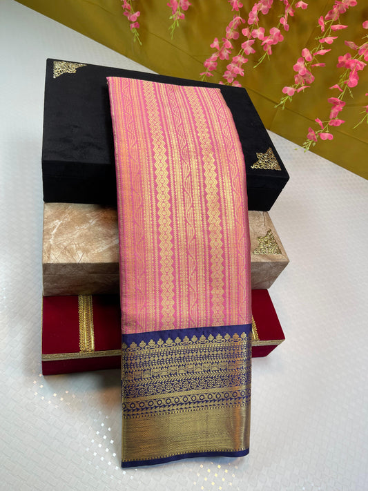 Pink Semi Kanchi Silk Stripe Zari Contrast Navy Blue Zari Border Banarasi Saree MS_SK42