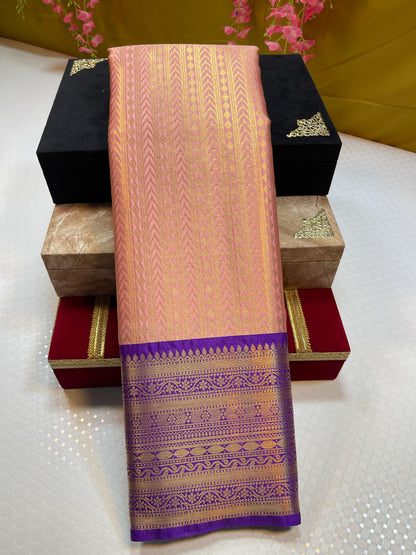 Peach Semi Kanchi Silk Stripe Zari Contrast Blue Border Banarasi Saree MS_SK45