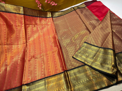 Red Semi Kanchi Silk Stripe Zari Contrast Black Border Banarasi Saree MS_SK44