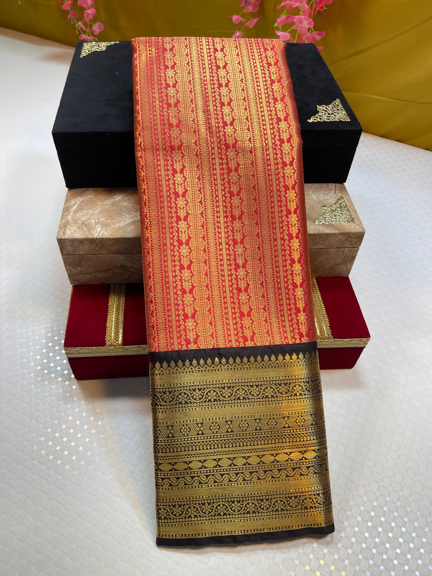 Red Semi Kanchi Silk Stripe Zari Contrast Black Border Banarasi Saree MS_SK44