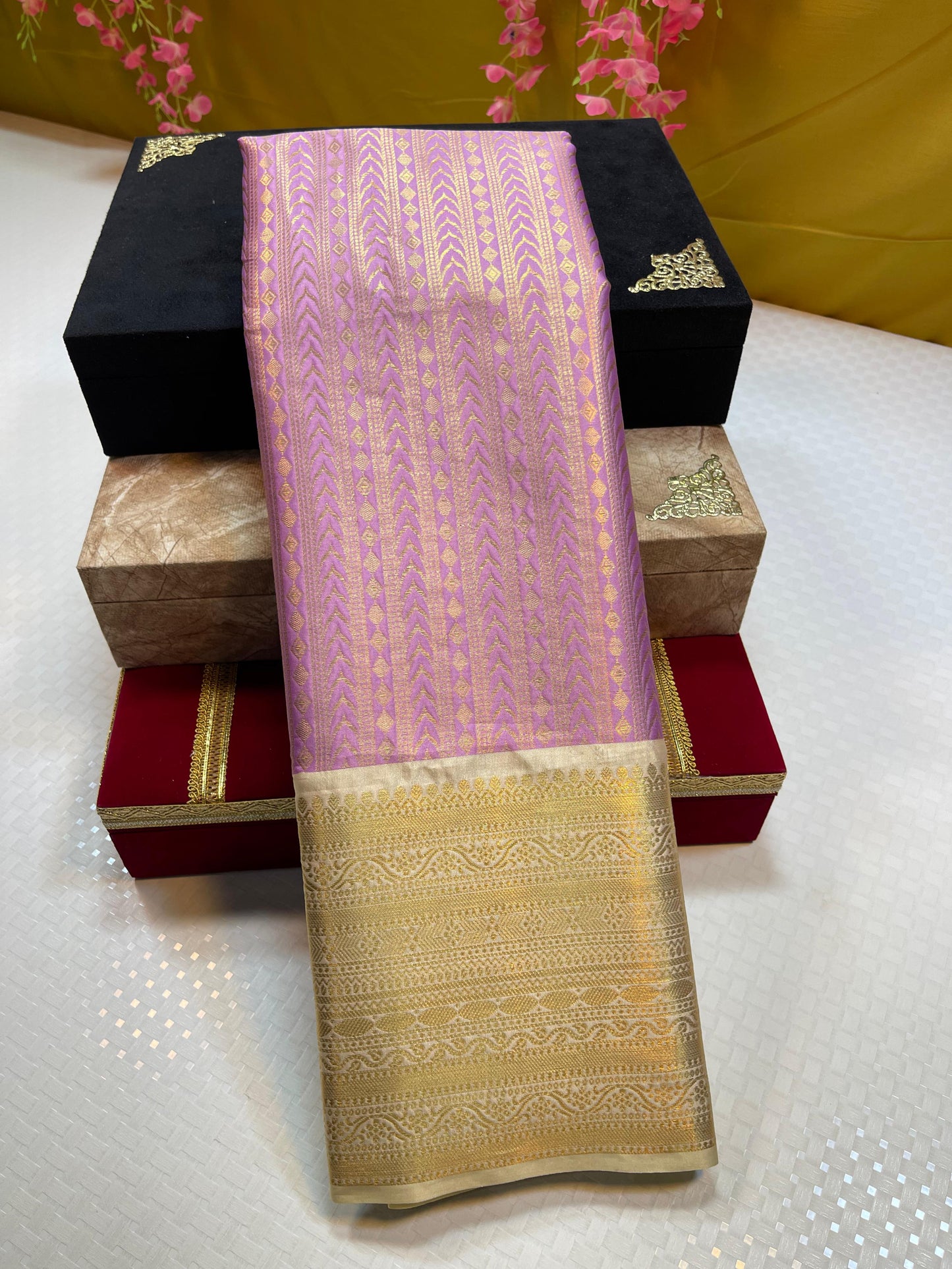 Lavender Semi Kanchi Silk Stripe Zari Contrast Tussar Border Banarasi Saree MS_SK43
