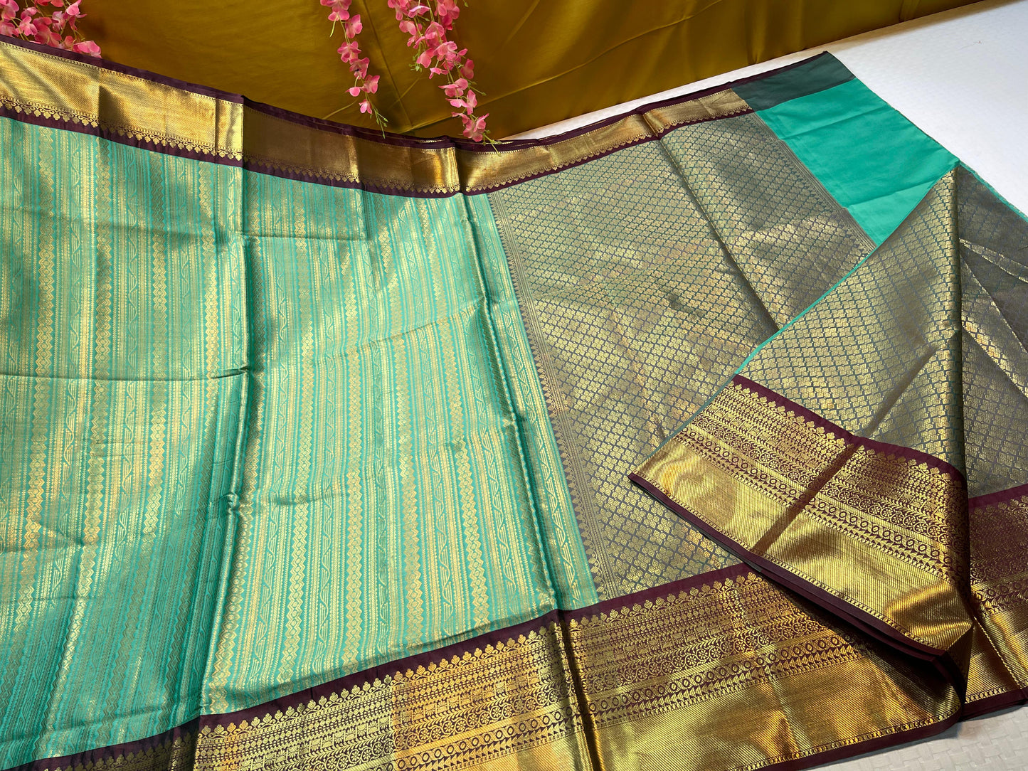 Seagreen Semi Kanchi Silk Stripe Zari Contrast Brown Border Banarasi Saree MS_SK46