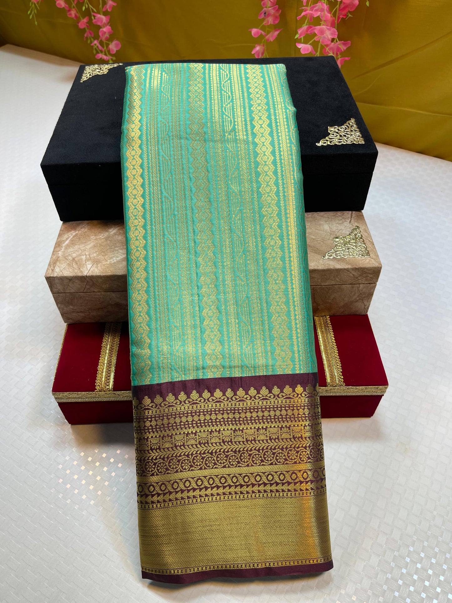 Seagreen Semi Kanchi Silk Stripe Zari Contrast Brown Border Banarasi Saree MS_SK46