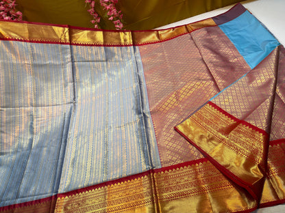 Light Blue Semi Kanchi Silk Stripe Zari Contrast Red Border Banarasi Saree MS_SK47