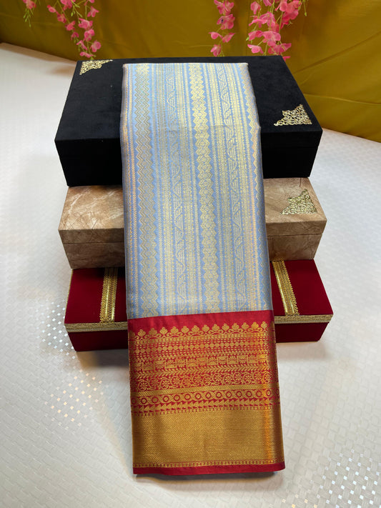 Light Blue Semi Kanchi Silk Stripe Zari Contrast Red Border Banarasi Saree MS_SK47
