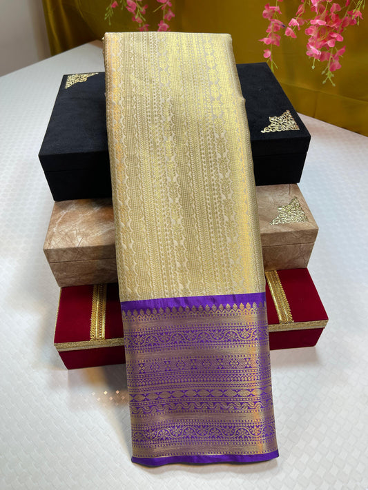 Tussar Semi Kanchi Silk Stripe Zari Contrast Blue Border Banarasi Saree MS_SK50