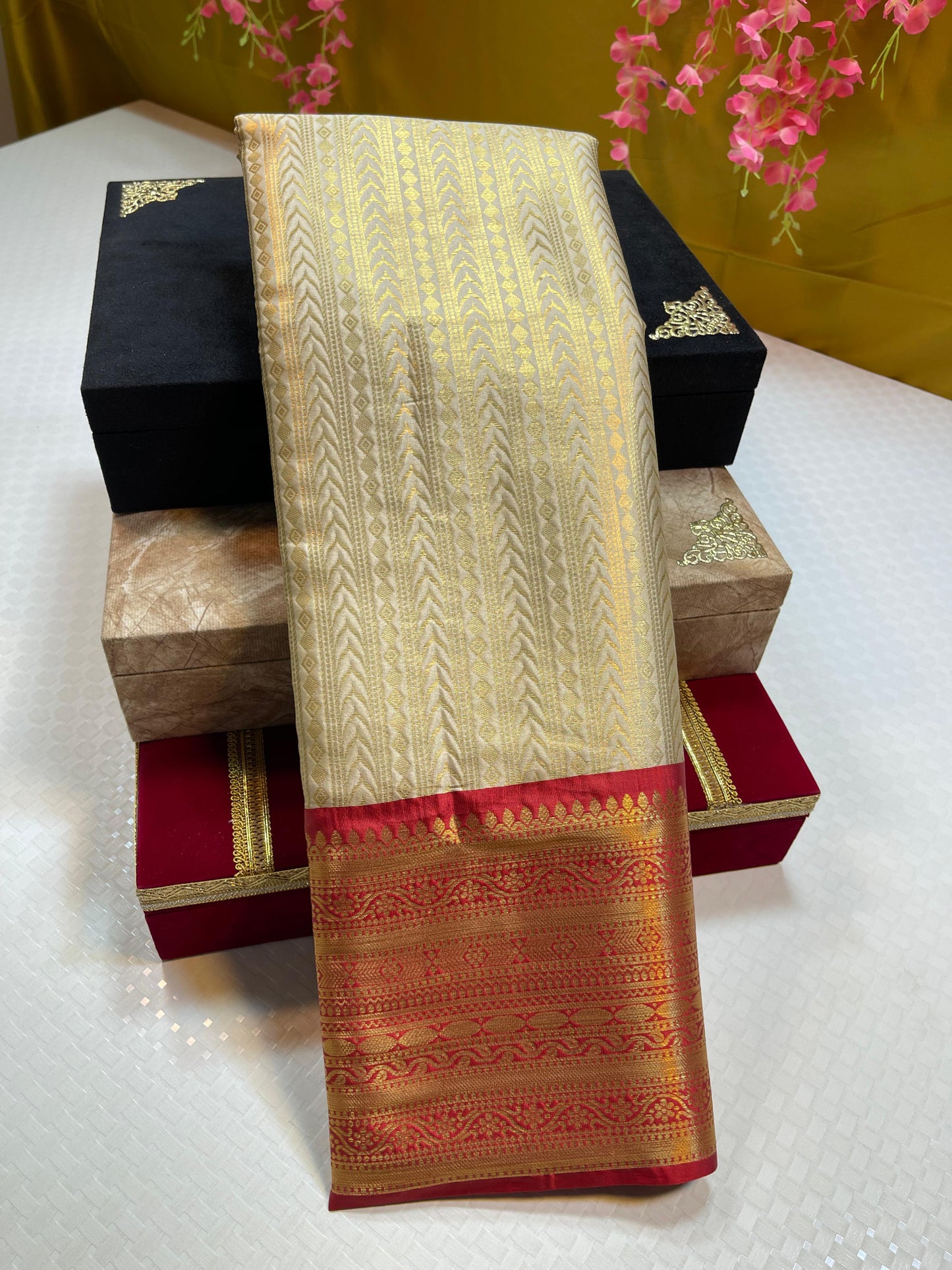 Tussar Semi Kanchi Silk Stripe Zari Contrast Red Border Banarasi Saree MS_SK49