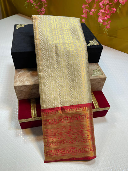 Tussar Semi Kanchi Silk Stripe Zari Contrast Red Border Banarasi Saree MS_SK49