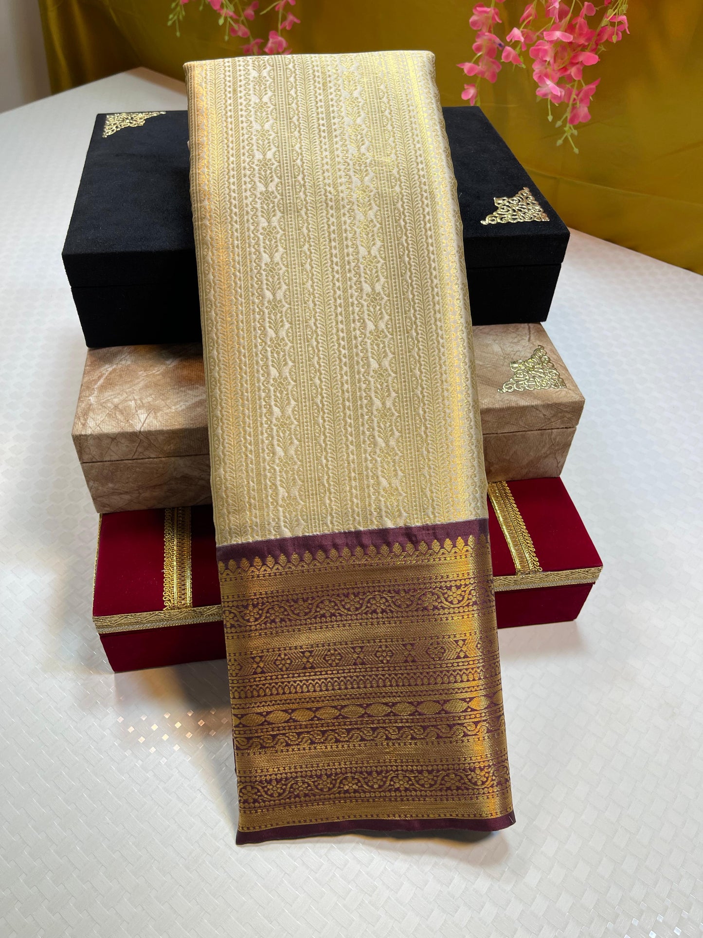 Tussar Semi Kanchi Silk Stripe Zari Contrast Brown Border Banarasi Saree MS_SK48