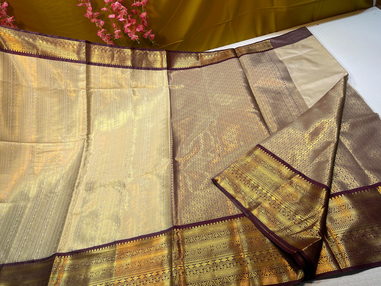 Tussar Semi Kanchi Silk Stripe Zari Contrast Brown Border Banarasi Saree MS_SK48