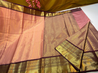 Peach Semi Kanchi Silk Stripe Zari Contrast Brown Border Banarasi Saree MS_SK51