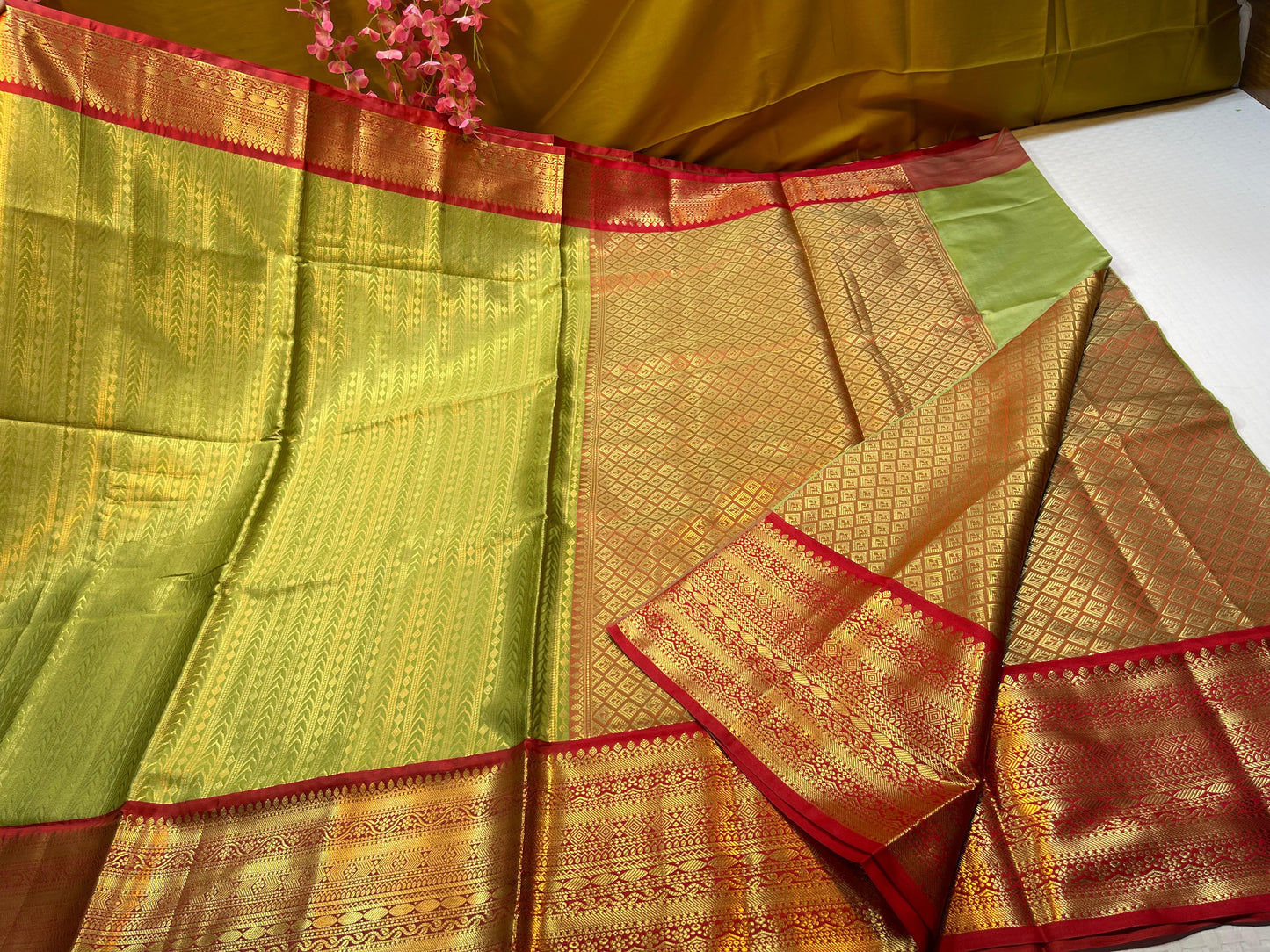 Green Semi Kanchi Silk Stripe Zari Contrast Red Border Banarasi Saree MS_SK53