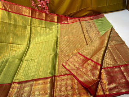 Green Semi Kanchi Silk Stripe Zari Contrast Red Border Banarasi Saree MS_SK53