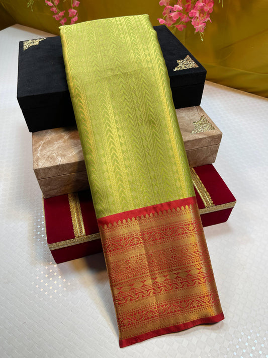 Green Semi Kanchi Silk Stripe Zari Contrast Red Border Banarasi Saree MS_SK53