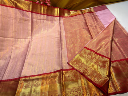 Peach Semi Kanchi Silk Stripe Zari Contrast Red Border Banarasi Saree MS_SK52
