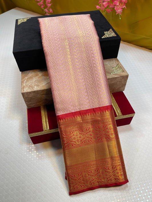 Peach Semi Kanchi Silk Stripe Zari Contrast Red Border Banarasi Saree MS_SK52