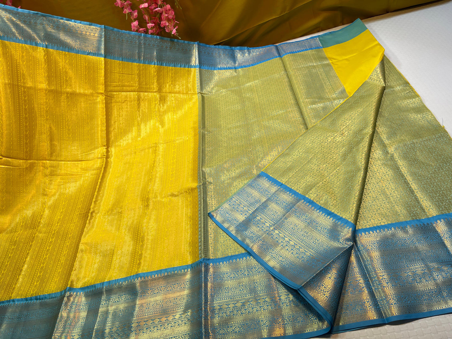 Gold Semi Kanchi Silk Stripe Zari Contrast Sky Blue Border Banarasi Saree MS_SK56