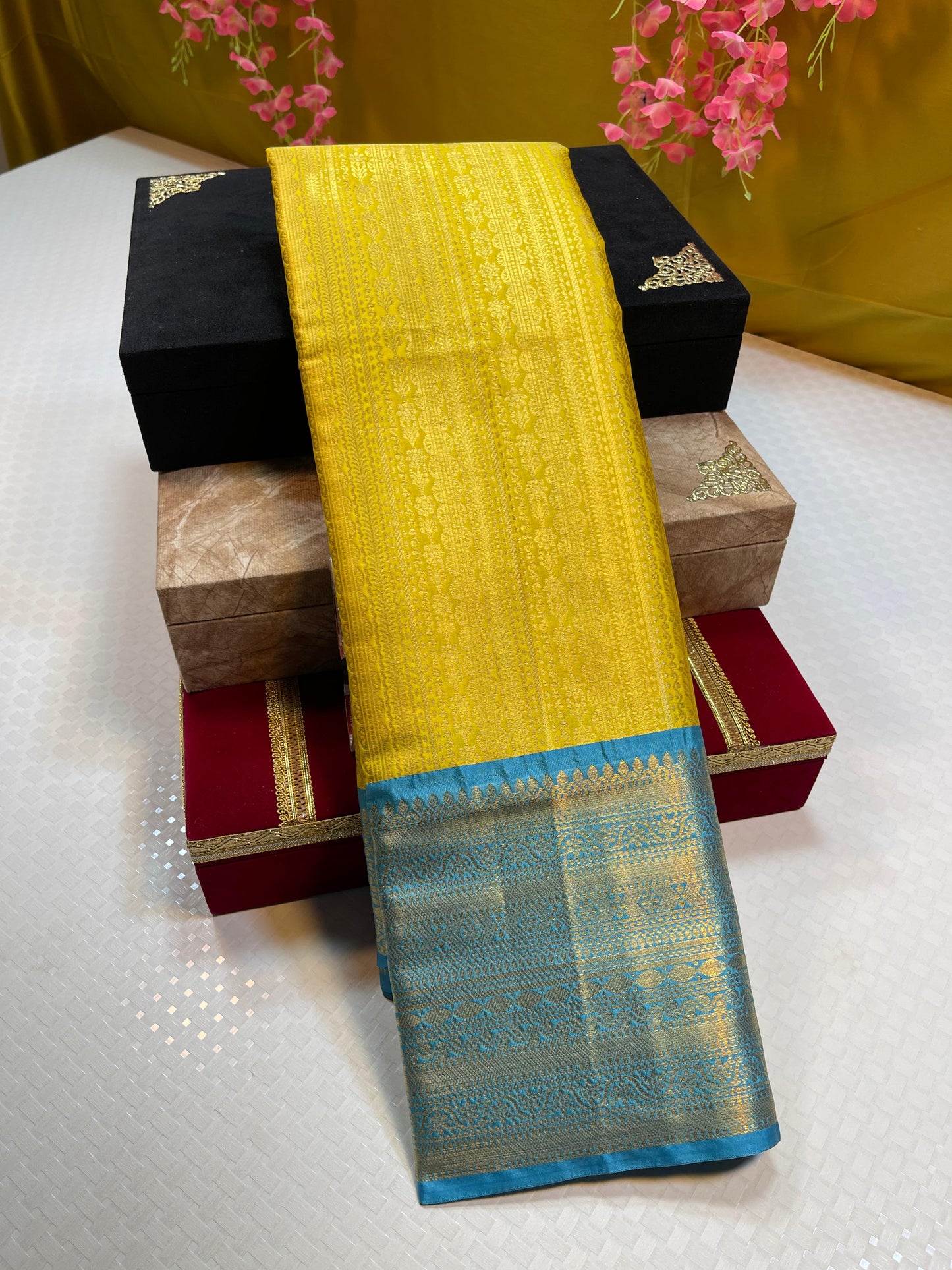 Gold Semi Kanchi Silk Stripe Zari Contrast Sky Blue Border Banarasi Saree MS_SK56