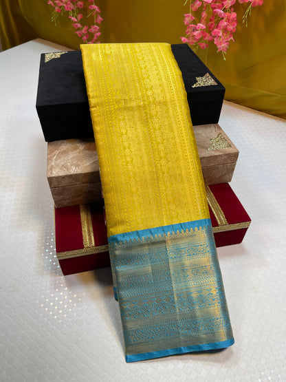 Gold Semi Kanchi Silk Stripe Zari Contrast Sky Blue Border Banarasi Saree MS_SK56