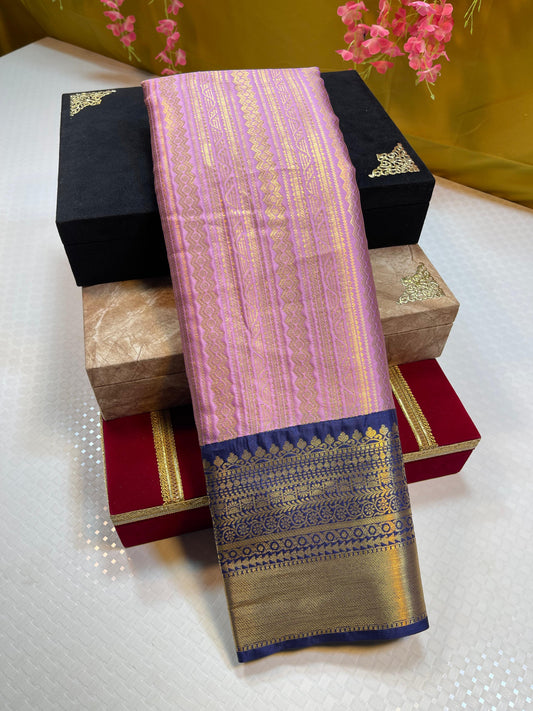 Light Purple Semi Kanchi Silk Stripe Zari Contrast Navy Blue Border Banarasi Saree MS_SK54