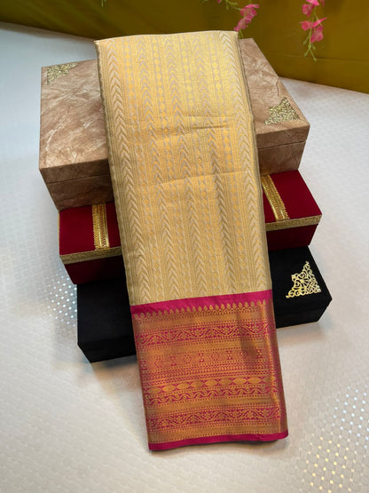 Tussar Semi Kanchi Silk Stripe Zari Contrast Pink Border Banarasi Saree MS_SK55