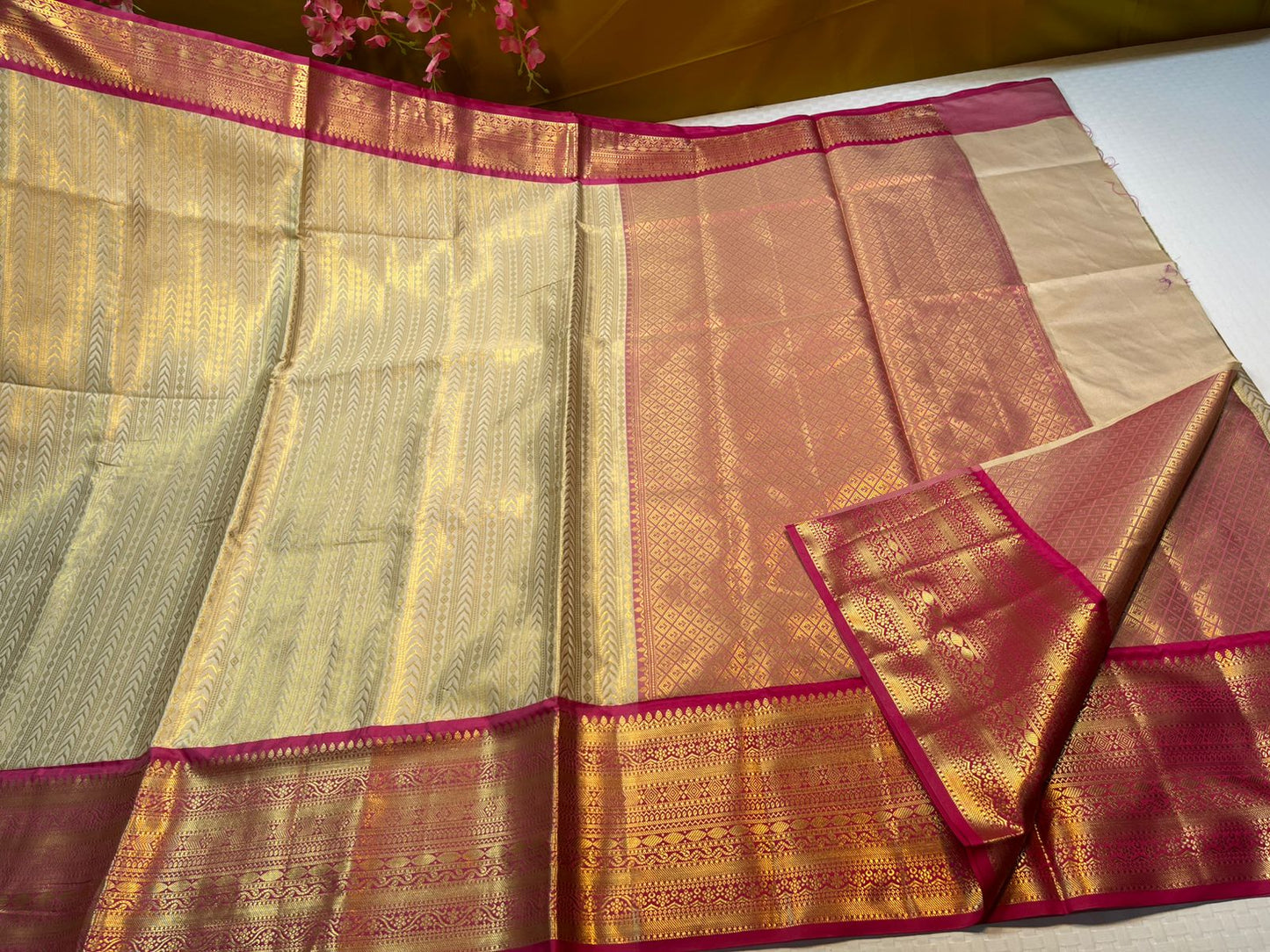 Tussar Semi Kanchi Silk Stripe Zari Contrast Pink Border Banarasi Saree MS_SK55
