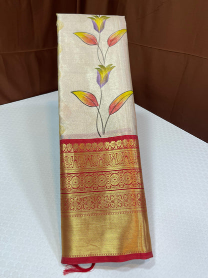 Off white Tissue Silk Floral Handpainted Boota Contrast Red Border Banarasi Saree MS_TS12