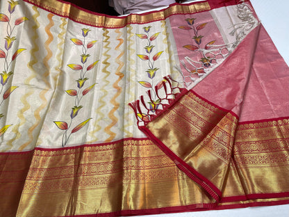Off white Tissue Silk Floral Handpainted Boota Contrast Red Border Banarasi Saree MS_TS12