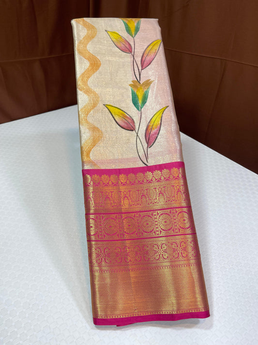 Off white Tissue Silk Floral Handpainted Boota Contrast Pink Border Banarasi Saree MS_TS13