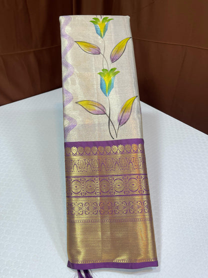 Off white Tissue Silk Floral Handpainted Boota Contrast Light Purple Border Banarasi Saree MS_TS14