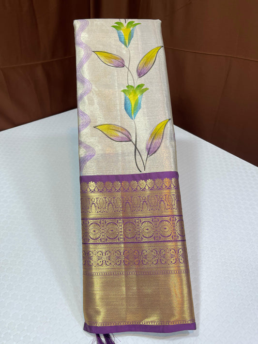 Off white Tissue Silk Floral Handpainted Boota Contrast Light Purple Border Banarasi Saree MS_TS14