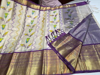 Off white Tissue Silk Floral Handpainted Boota Contrast Light Purple Border Banarasi Saree MS_TS14